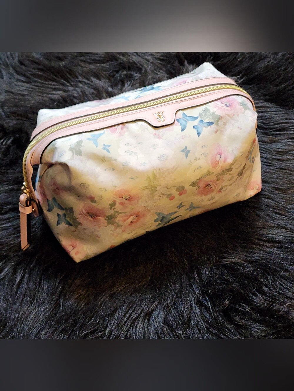 Victoria's Secret Pink & Blue Floral With Butterflies Cosmetic Bag